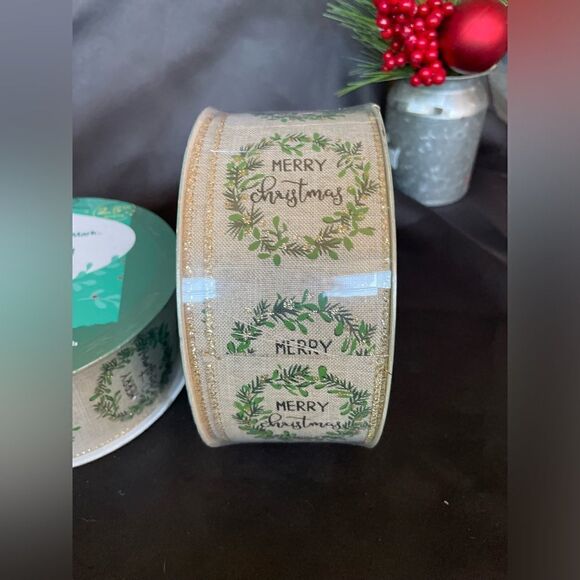 🎄⛄️🎄NEW! 2.5” Merry Christmas Wreath Burlap & Gold Premium Ribbon Wired … - Picture 1 of 6